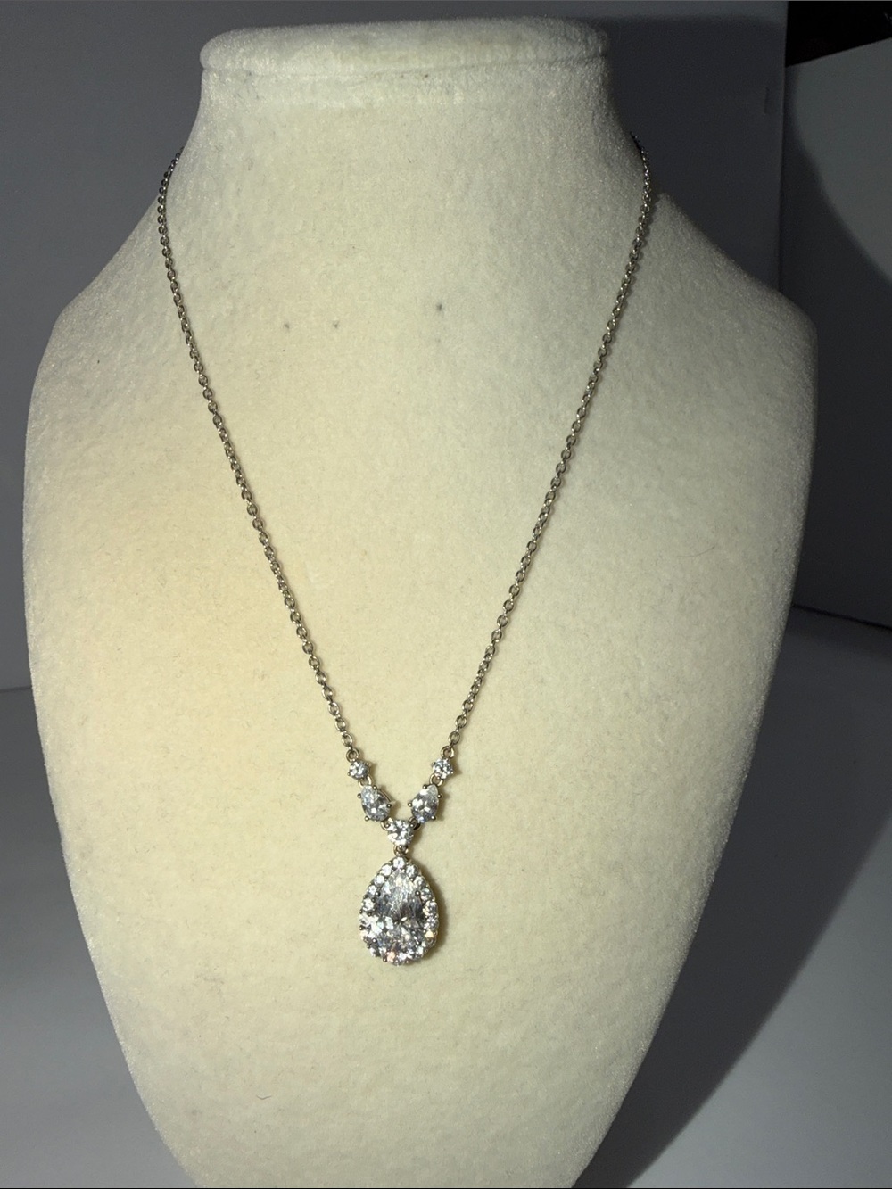 CC 925 Sterling Silver Cubic Zirconia Pear Halo Pendant Drop Y-Necklace